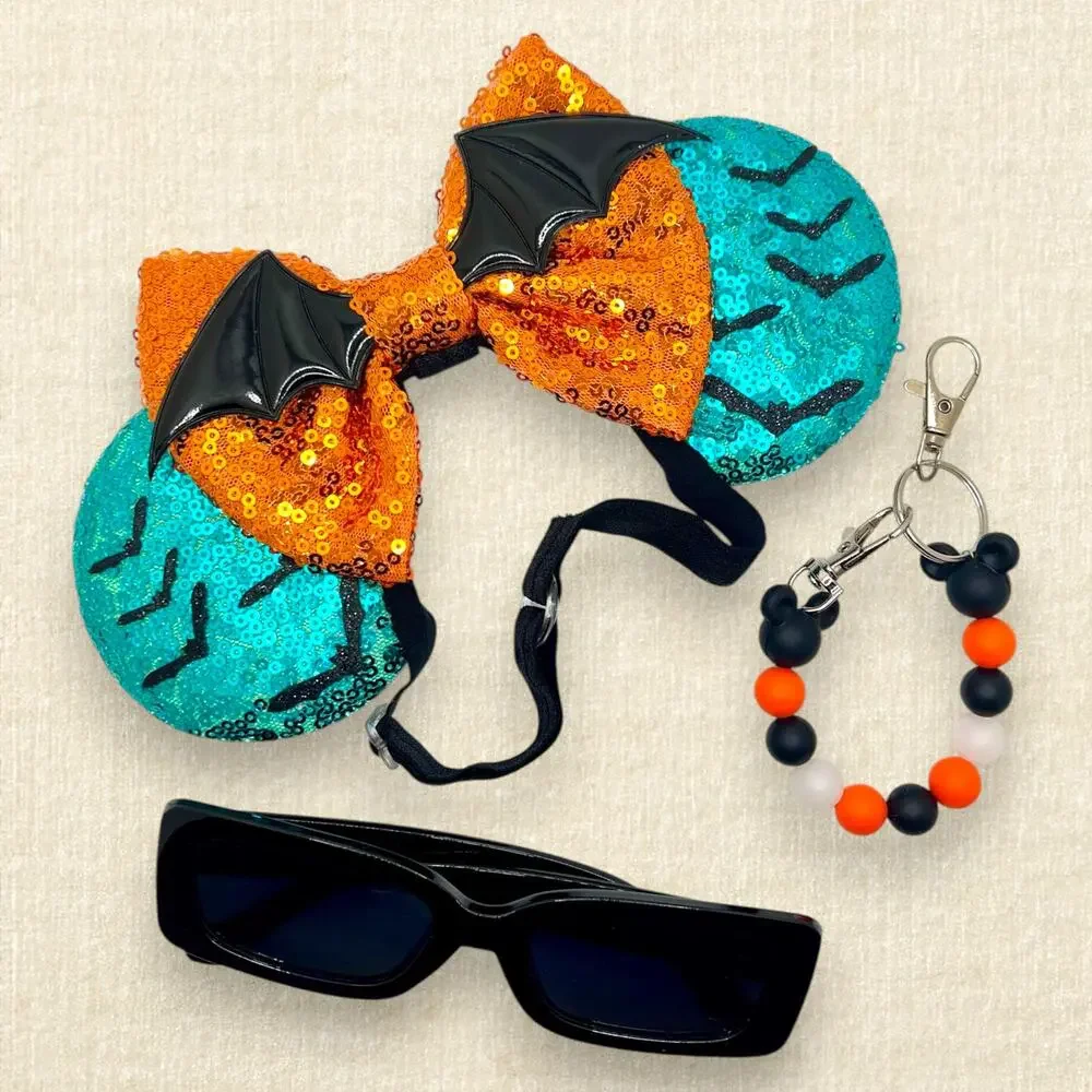 Elastic Spooky Teal Bat Minnie Ears | Disney-Inspired Halloween Mouse Ears